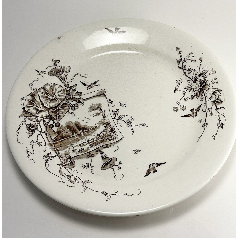 Antique G&O Brown Transferware 10" Dinner Plate English Victorian Scenic Birds